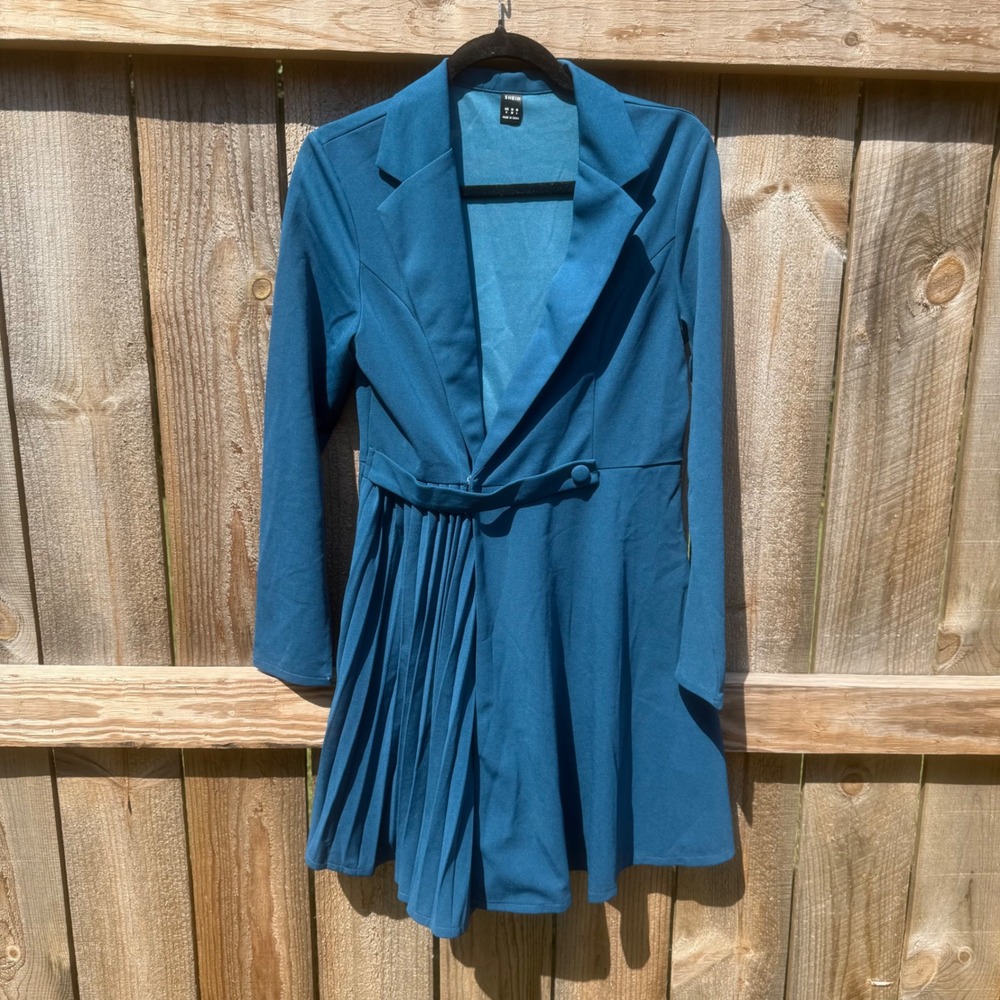 Shein Teal Pleated Blazer Dress Long Sleeve Mini Size M US 6